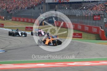 World © Octane Photographic Ltd. Formula 1 – German GP - Race. McLaren MCL33 – Fernando Alonso, Mercedes AMG Petronas Motorsport AMG F1 W09 EQ Power+ - Lewis Hamilton and Sahara Force India VJM11 - Esteban Ocon. Hockenheimring, Baden-Wurttemberg, Germany. Sunday 22nd July 2018.