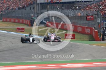 World © Octane Photographic Ltd. Formula 1 – German GP - Race. Mercedes AMG Petronas Motorsport AMG F1 W09 EQ Power+ - Lewis Hamilton and Sahara Force India VJM11 - Esteban Ocon. Hockenheimring, Baden-Wurttemberg, Germany. Sunday 22nd July 2018.