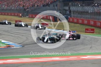 World © Octane Photographic Ltd. Formula 1 – German GP - Race. Mercedes AMG Petronas Motorsport AMG F1 W09 EQ Power+ - Lewis Hamilton and Sahara Force India VJM11 - Esteban Ocon. Hockenheimring, Baden-Wurttemberg, Germany. Sunday 22nd July 2018.