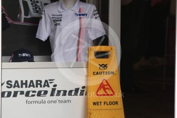 World © Octane Photographic Ltd. Formula 1 – German GP - Paddock. Sahara Force India with Caution Wet Floor sign. Hockenheimring, Baden-Wurttemberg, Germany. Sunday 22nd July 2018.