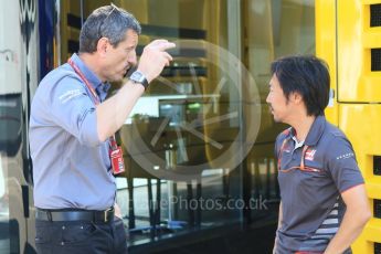 World © Octane Photographic Ltd. Formula 1 - German GP - Paddock. Ayao Komastu - Chef Race Engineer and Guenther Steiner - Team Principal of Haas F1 Team. Hockenheimring, Baden-Wurttemberg, Germany. Thursday 19th July 2018.