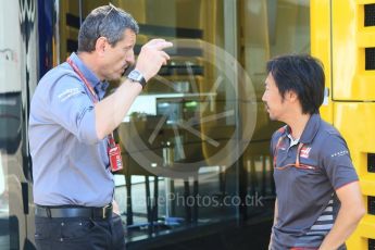 World © Octane Photographic Ltd. Formula 1 - German GP - Paddock. Ayao Komastu - Chef Race Engineer and Guenther Steiner  - Team Principal of Haas F1 Team. Hockenheimring, Baden-Wurttemberg, Germany. Thursday 19th July 2018.