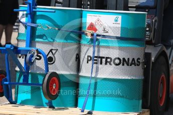 World © Octane Photographic Ltd. Formula 1 – German GP - Paddock. Mercedes AMG Petronas Motorsport AMG F1 W09 EQ Power+ - Petronas Primax 1736J fuel drums. Hockenheimring, Baden-Wurttemberg, Germany. Thursday 19th July 2018.
