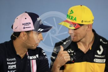 World © Octane Photographic Ltd. Formula 1 – German GP - FIA Drivers’ Press Conference. Renault Sport F1 Team RS18 – Nico Hulkenberg and Sahara Force India VJM11 - Sergio Perez. Hockenheimring, Baden-Wurttemberg, Germany. Thursday 19th July 2018.
