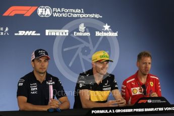 World © Octane Photographic Ltd. Formula 1 – German GP - FIA Drivers’ Press Conference. Renault Sport F1 Team RS18 – Nico Hulkenberg, Sahara Force India VJM11 - Sergio Perez and Scuderia Ferrari SF71-H – Sebastian Vettel. Hockenheimring, Baden-Wurttemberg, Germany. Thursday 19th July 2018.