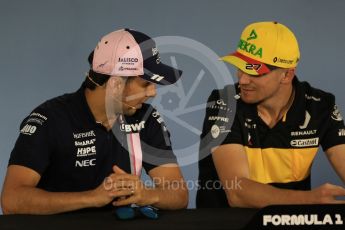 World © Octane Photographic Ltd. Formula 1 – German GP - FIA Drivers’ Press Conference. Renault Sport F1 Team RS18 – Nico Hulkenberg and Sahara Force India VJM11 - Sergio Perez. Hockenheimring, Baden-Wurttemberg, Germany. Thursday 19th July 2018.