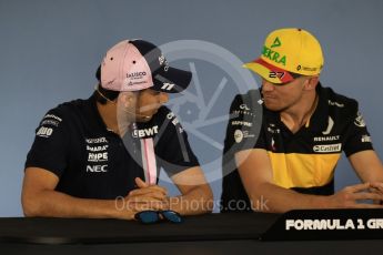 World © Octane Photographic Ltd. Formula 1 – German GP - FIA Drivers’ Press Conference. Renault Sport F1 Team RS18 – Nico Hulkenberg and Sahara Force India VJM11 - Sergio Perez. Hockenheimring, Baden-Wurttemberg, Germany. Thursday 19th July 2018.
