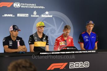 World © Octane Photographic Ltd. Formula 1 – German GP - FIA Drivers’ Press Conference. Scuderia Toro Rosso STR13 – Brendon Hartley, Renault Sport F1 Team RS18 – Nico Hulkenberg, Sahara Force India VJM11 - Sergio Perez and Scuderia Ferrari SF71-H – Sebastian Vettel. Hockenheimring, Baden-Wurttemberg, Germany. Thursday 19th July 2018.