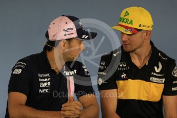 World © Octane Photographic Ltd. Formula 1 – German GP - FIA Drivers’ Press Conference. Renault Sport F1 Team RS18 – Nico Hulkenberg and Sahara Force India VJM11 - Sergio Perez. Hockenheimring, Baden-Wurttemberg, Germany. Thursday 19th July 2018.