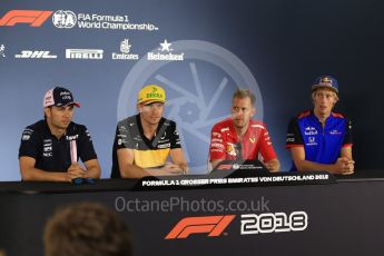 World © Octane Photographic Ltd. Formula 1 – German GP - FIA Drivers’ Press Conference. Scuderia Toro Rosso STR13 – Brendon Hartley, Renault Sport F1 Team RS18 – Nico Hulkenberg, Sahara Force India VJM11 - Sergio Perez and Scuderia Ferrari SF71-H – Sebastian Vettel. Hockenheimring, Baden-Wurttemberg, Germany. Thursday 19th July 2018.