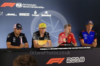 World © Octane Photographic Ltd. Formula 1 – German GP - FIA Drivers’ Press Conference. Scuderia Toro Rosso STR13 – Brendon Hartley, Renault Sport F1 Team RS18 – Nico Hulkenberg, Sahara Force India VJM11 - Sergio Perez and Scuderia Ferrari SF71-H – Sebastian Vettel. Hockenheimring, Baden-Wurttemberg, Germany. Thursday 19th July 2018.