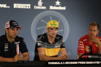 World © Octane Photographic Ltd. Formula 1 – German GP - FIA Drivers’ Press Conference. Renault Sport F1 Team RS18 – Nico Hulkenberg, Sahara Force India VJM11 - Sergio Perez and Scuderia Ferrari SF71-H – Sebastian Vettel. Hockenheimring, Baden-Wurttemberg, Germany. Thursday 19th July 2018.