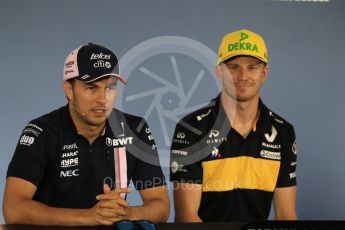 World © Octane Photographic Ltd. Formula 1 – German GP - FIA Drivers’ Press Conference. Renault Sport F1 Team RS18 – Nico Hulkenberg and Sahara Force India VJM11 - Sergio Perez. Hockenheimring, Baden-Wurttemberg, Germany. Thursday 19th July 2018.