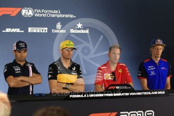 World © Octane Photographic Ltd. Formula 1 – German GP - FIA Drivers’ Press Conference. Scuderia Toro Rosso STR13 – Brendon Hartley, Renault Sport F1 Team RS18 – Nico Hulkenberg, Sahara Force India VJM11 - Sergio Perez and Scuderia Ferrari SF71-H – Sebastian Vettel. Hockenheimring, Baden-Wurttemberg, Germany. Thursday 19th July 2018.