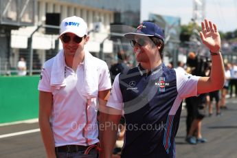 World © Octane Photographic Ltd. Formula 1 – Hungarian GP - Drivers’ Parade. Sahara Force India VJM11 - Esteban Ocon and Williams Martini Racing FW41 – Lance Stroll. Hungaroring, Budapest, Hungary. Sunday 29th July 2018.
