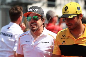 World © Octane Photographic Ltd. Formula 1 – Hungarian GP - Drivers’ Parade. McLaren MCL33 – Fernando Alonso and Renault Sport F1 Team RS18 – Carlos Sainz. Hungaroring, Budapest, Hungary. Sunday 29th July 2018.