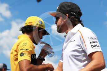 World © Octane Photographic Ltd. Formula 1 – Hungarian GP - Drivers’ Parade. McLaren MCL33 – Fernando Alonso and Renault Sport F1 Team RS18 – Carlos Sainz. Hungaroring, Budapest, Hungary. Sunday 29th July 2018.