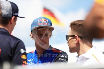 World © Octane Photographic Ltd. Formula 1 – Hungarian GP - Drivers’ Parade. Aston Martin Red Bull Racing TAG Heuer RB14 – Max Verstappen, Scuderia Toro Rosso STR13 – Brendon Hartley and McLaren MCL33 – Stoffel Vandoorne. Hungaroring, Budapest, Hungary. Sunday 29th July 2018.