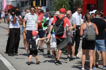 World © Octane Photographic Ltd. Formula 1 – Hungarian GP - Paddock. Scuderia Ferrari SF71-H – Kimi Raikkonen with son Robin Raikkonen. Hungaroring, Budapest, Hungary. Saturday 28th July 2018.