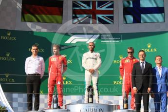 World © Octane Photographic Ltd. Formula 1 – Hungarian GP - Podium. Mercedes AMG Petronas Motorsport AMG F1 W09 EQ Power+ - Lewis Hamilton and Scuderia Ferrari SF71-H – Sebastian Vettel, Kimi Raikkonen and Riccardo Musconi - Senior Race Engineer car #44. Hungaroring, Budapest, Hungary. Sunday 29th July 2018.