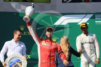 World © Octane Photographic Ltd. Formula 1 – Hungarian GP - Podium. Scuderia Ferrari SF71-H – Sebastian Vettel and Mercedes AMG Petronas Motorsport AMG F1 W09 EQ Power+ - Lewis Hamilton. Hungaroring, Budapest, Hungary. Sunday 29th July 2018.