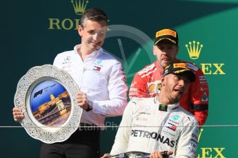 World © Octane Photographic Ltd. Formula 1 – Hungarian GP - Podium. Scuderia Ferrari SF71-H – Sebastian Vettel, Mercedes AMG Petronas Motorsport AMG F1 W09 EQ Power+ - Lewis Hamilton and Riccardo Musconi - Senior Race Engineer car #44. Hungaroring, Budapest, Hungary. Sunday 29th July 2018.