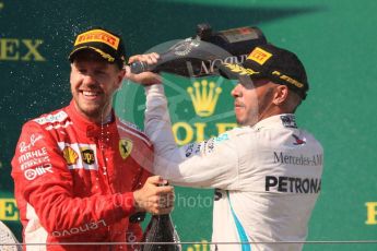 World © Octane Photographic Ltd. Formula 1 – Hungarian GP - Podium. Scuderia Ferrari SF71-H – Sebastian Vettel and Mercedes AMG Petronas Motorsport AMG F1 W09 EQ Power+ - Lewis Hamilton. Hungaroring, Budapest, Hungary. Sunday 29th July 2018.