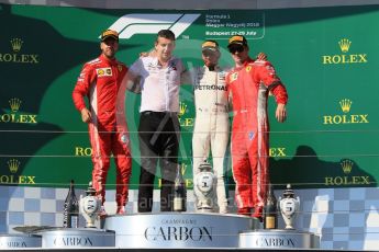 World © Octane Photographic Ltd. Formula 1 – Hungarian GP - Podium. Mercedes AMG Petronas Motorsport AMG F1 W09 EQ Power+ - Lewis Hamilton and Scuderia Ferrari SF71-H – Sebastian Vettel, Kimi Raikkonen and Riccardo Musconi - Senior Race Engineer car #44. Hungaroring, Budapest, Hungary. Sunday 29th July 2018.