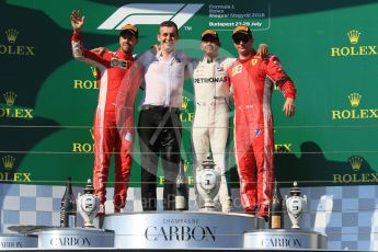 World © Octane Photographic Ltd. Formula 1 – Hungarian GP - Podium. Mercedes AMG Petronas Motorsport AMG F1 W09 EQ Power+ - Lewis Hamilton and Scuderia Ferrari SF71-H – Sebastian Vettel, Kimi Raikkonen and Riccardo Musconi - Senior Race Engineer car #44. Hungaroring, Budapest, Hungary. Sunday 29th July 2018.