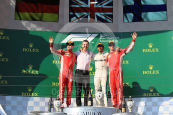 World © Octane Photographic Ltd. Formula 1 – Hungarian GP - Podium. Mercedes AMG Petronas Motorsport AMG F1 W09 EQ Power+ - Lewis Hamilton and Scuderia Ferrari SF71-H – Sebastian Vettel, Kimi Raikkonen and Riccardo Musconi - Senior Race Engineer car #44. Hungaroring, Budapest, Hungary. Sunday 29th July 2018.