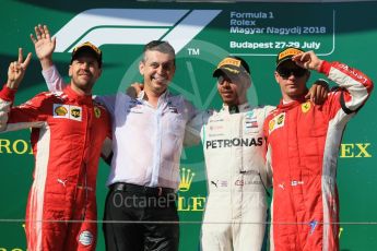 World © Octane Photographic Ltd. Formula 1 – Hungarian GP - Podium. Mercedes AMG Petronas Motorsport AMG F1 W09 EQ Power+ - Lewis Hamilton and Scuderia Ferrari SF71-H – Sebastian Vettel, Kimi Raikkonen and Riccardo Musconi - Senior Race Engineer car #44. Hungaroring, Budapest, Hungary. Sunday 29th July 2018.