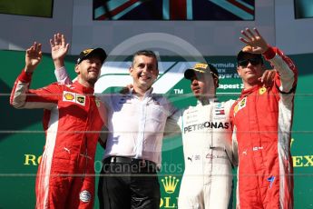 World © Octane Photographic Ltd. Formula 1 – Hungarian GP - Podium. Mercedes AMG Petronas Motorsport AMG F1 W09 EQ Power+ - Lewis Hamilton and Scuderia Ferrari SF71-H – Sebastian Vettel, Kimi Raikkonen and Riccardo Musconi - Senior Race Engineer car #44. Hungaroring, Budapest, Hungary. Sunday 29th July 2018.