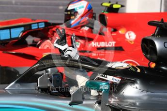 World © Octane Photographic Ltd. Formula 1 – Hungarian GP - Parc Ferme. Mercedes AMG Petronas Motorsport AMG F1 W09 EQ Power+ - Lewis Hamilton and Scuderia Ferrari SF71-H – Kimi Raikkonen. Hungaroring, Budapest, Hungary. Sunday 29th July 2018.