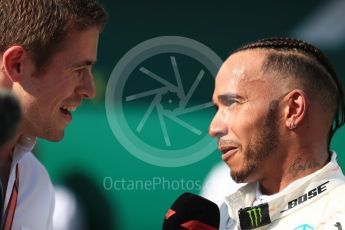 World © Octane Photographic Ltd. Formula 1 – Hungarian GP - Parc Ferme. Mercedes AMG Petronas Motorsport AMG F1 W09 EQ Power+ - Lewis Hamilton and Paul di Resta. Hungaroring, Budapest, Hungary. Sunday 29th July 2018.