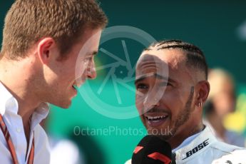 World © Octane Photographic Ltd. Formula 1 – Hungarian GP - Parc Ferme. Mercedes AMG Petronas Motorsport AMG F1 W09 EQ Power+ - Lewis Hamilton and Paul di Resta. Hungaroring, Budapest, Hungary. Sunday 29th July 2018.