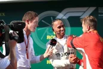 World © Octane Photographic Ltd. Formula 1 – Hungarian GP - Parc Ferme. Mercedes AMG Petronas Motorsport AMG F1 W09 EQ Power+ - Lewis Hamilton and Paul di Resta and Scuderia Ferrari SF71-H – Sebastian Vettel. Hungaroring, Budapest, Hungary. Sunday 29th July 2018.