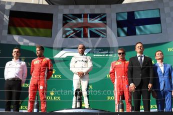 World © Octane Photographic Ltd. Formula 1 – Hungarian GP - Podium. Mercedes AMG Petronas Motorsport AMG F1 W09 EQ Power+ - Lewis Hamilton and Scuderia Ferrari SF71-H – Sebastian Vettel, Kimi Raikkonen and Riccardo Musconi - Senior Race Engineer car #44. Hungaroring, Budapest, Hungary. Sunday 29th July 2018.