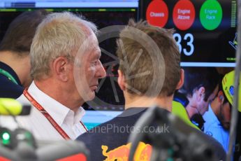 World © Octane Photographic Ltd. Formula 1 – Hungarian GP - Practice 1. Aston Martin Red Bull Racing TAG Heuer RB14 – Max Verstappen and Helmut Marko - advisor to the Red Bull GmbH Formula One Teams and head of Red Bull's driver development program. Hungaroring, Budapest, Hungary. Friday 27th July 2018.