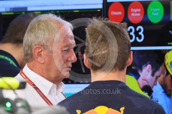 World © Octane Photographic Ltd. Formula 1 – Hungarian GP - Practice 1. Aston Martin Red Bull Racing TAG Heuer RB14 – Max Verstappen and Helmut Marko - advisor to the Red Bull GmbH Formula One Teams and head of Red Bull's driver development program. Hungaroring, Budapest, Hungary. Friday 27th July 2018.