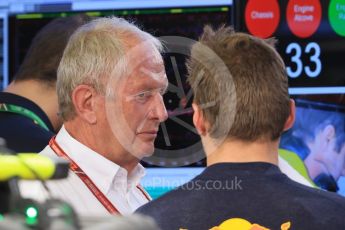 World © Octane Photographic Ltd. Formula 1 – Hungarian GP - Practice 1. Aston Martin Red Bull Racing TAG Heuer RB14 – Max Verstappen and Helmut Marko - advisor to the Red Bull GmbH Formula One Teams and head of Red Bull's driver development program. Hungaroring, Budapest, Hungary. Friday 27th July 2018.