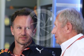 World © Octane Photographic Ltd. Formula 1 - Hungarian GP - Paddock. Christian Horner - Team Principal and Helmut Marko - advisor to the Red Bull GmbH Formula One Teams and head of Red Bull's driver development program. Hungaroring, Budapest, Hungary. Friday 27th July 2018.