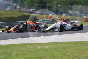 World © Octane Photographic Ltd. Formula 1 – Hungarian GP - Practice 3. Aston Martin Red Bull Racing TAG Heuer RB14 – Max Verstappen and Alfa Romeo Sauber F1 Team C37 – Charles Leclerc. Hungaroring, Budapest, Hungary. Saturday 28th July 2018.