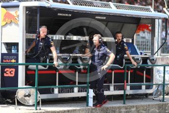 World © Octane Photographic Ltd. Formula 1 - Hungarian GP - Practice 3. Christian Horner - Team Principal and Jonathan Wheatley - Team Manager of Red Bull Racing. Hungaroring, Budapest, Hungary. Friday 27th July 2018.