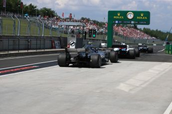 World © Octane Photographic Ltd. Formula 1 – Hungarian GP - Practice 3. Mercedes AMG Petronas Motorsport AMG F1 W09 EQ Power+ - Lewis Hamilton and Valtteri Bottas either side of Williams Martini Racing FW41 – Lance Stroll. Hungaroring, Budapest, Hungary. Saturday 28th July 2018.