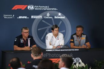 World © Octane Photographic Ltd. Formula 1 - Hungarian GP - Friday FIA Team. Otmar Szafnauer - Chief Operating Officer of Sahara Force India, Toto Wolff - Executive Director & Head of Mercedes-Benz Motorsport and Mario Isola – Pirelli Head of Car Racing. Hungaroring, Budapest, Hungary. Friday 27th July 2018.