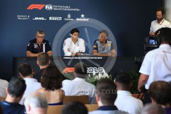 World © Octane Photographic Ltd. Formula 1 - Hungarian GP - Friday FIA Team. Otmar Szafnauer - Chief Operating Officer of Sahara Force India, Toto Wolff - Executive Director & Head of Mercedes-Benz Motorsport and Mario Isola – Pirelli Head of Car Racing. Hungaroring, Budapest, Hungary. Friday 27th July 2018.