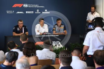 World © Octane Photographic Ltd. Formula 1 - Hungarian GP - Friday FIA Team. Otmar Szafnauer - Chief Operating Officer of Sahara Force India, Toto Wolff - Executive Director & Head of Mercedes-Benz Motorsport and Mario Isola – Pirelli Head of Car Racing. Hungaroring, Budapest, Hungary. Friday 27th July 2018.
