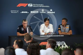 World © Octane Photographic Ltd. Formula 1 - Hungarian GP - Friday FIA Team. Otmar Szafnauer - Chief Operating Officer of Sahara Force India, Toto Wolff - Executive Director & Head of Mercedes-Benz Motorsport and Mario Isola – Pirelli Head of Car Racing. Hungaroring, Budapest, Hungary. Friday 27th July 2018.