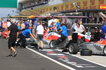 World © Octane Photographic Ltd. GP3 – Hungarian GP – Qualifying. Campos Racing in thw busy pre-qualifying pitlane. Hungaroring, Budapest, Hungary. Saturday 28th July 2018.