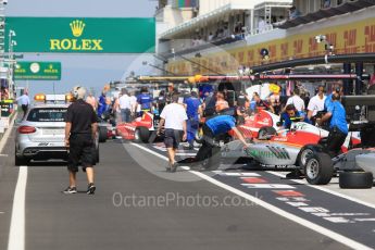 World © Octane Photographic Ltd. GP3 – Hungarian GP – Qualifying. Campos Racing in thw busy pre-qualifying pitlane. Hungaroring, Budapest, Hungary. Saturday 28th July 2018.